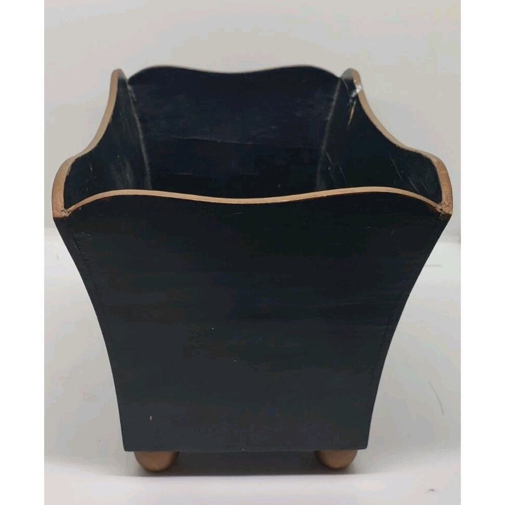 Vintage Toleware Hand Painted Roses Black Jardiniere Cache Pot Decor Vanity - Picture 3 of 12